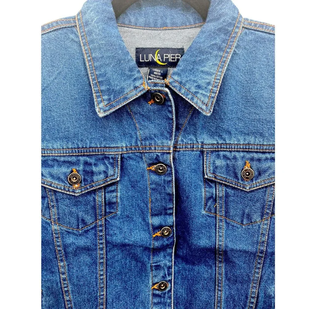 VTG Jean Jacket L Denim Coat Western 90s Street Grunge Blank Cowgirl Trucker 80s